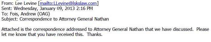Gregory OAG Email Jan 9 2013 Lee Levine email attaching letter to AG