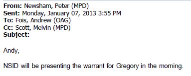 Gregory OAG Email Jan 7 2013 re presenting warrant