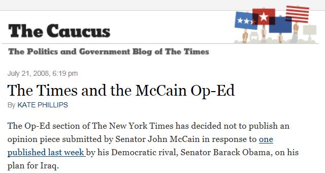 NY Times McCain Op Ed Refusal