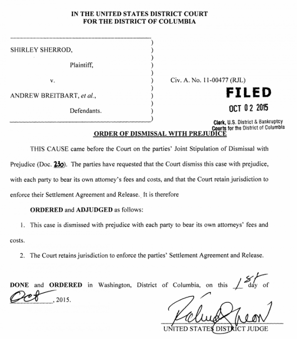 Sherrod v Breitbart Order of Dismissal