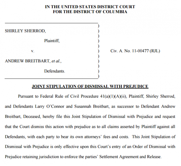 Sherrod v Breitbart Stipulation of Dismissal