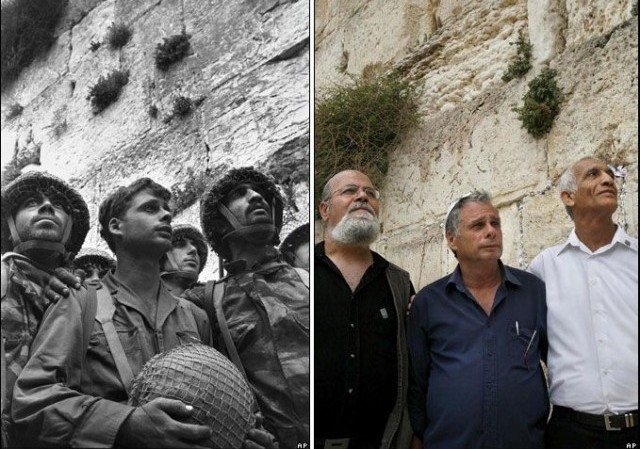 Soldiers at Western Wall Then and Now