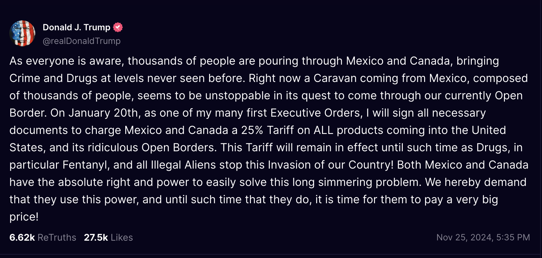 Trump Vows 25% Tariffs on Goods From Mexico, Canada Over Border Crisis