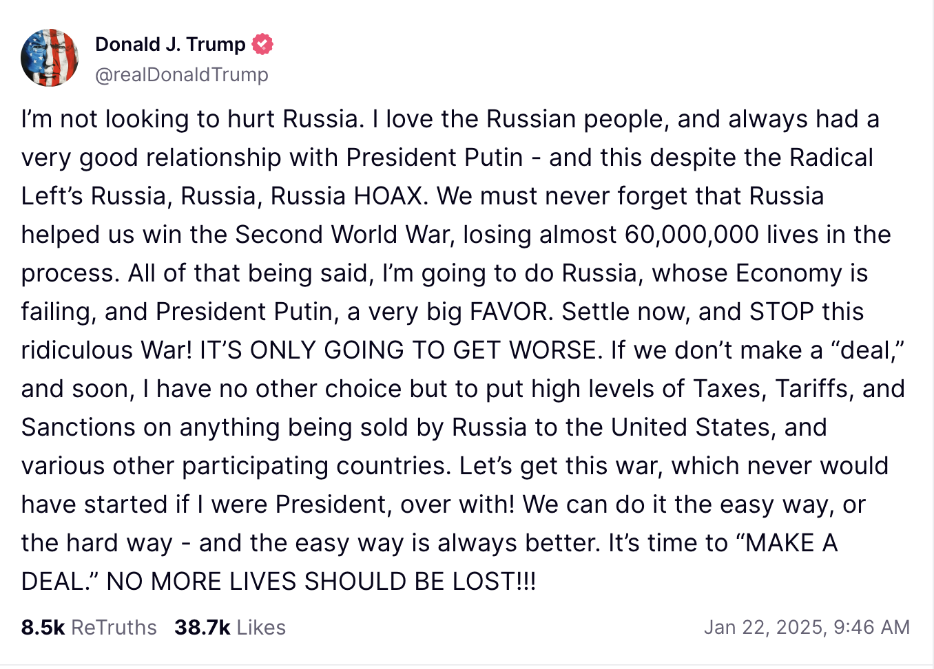 Trump Tells Putin to End Ukraine War: ‘We Can Do It the Easy Way, or ...